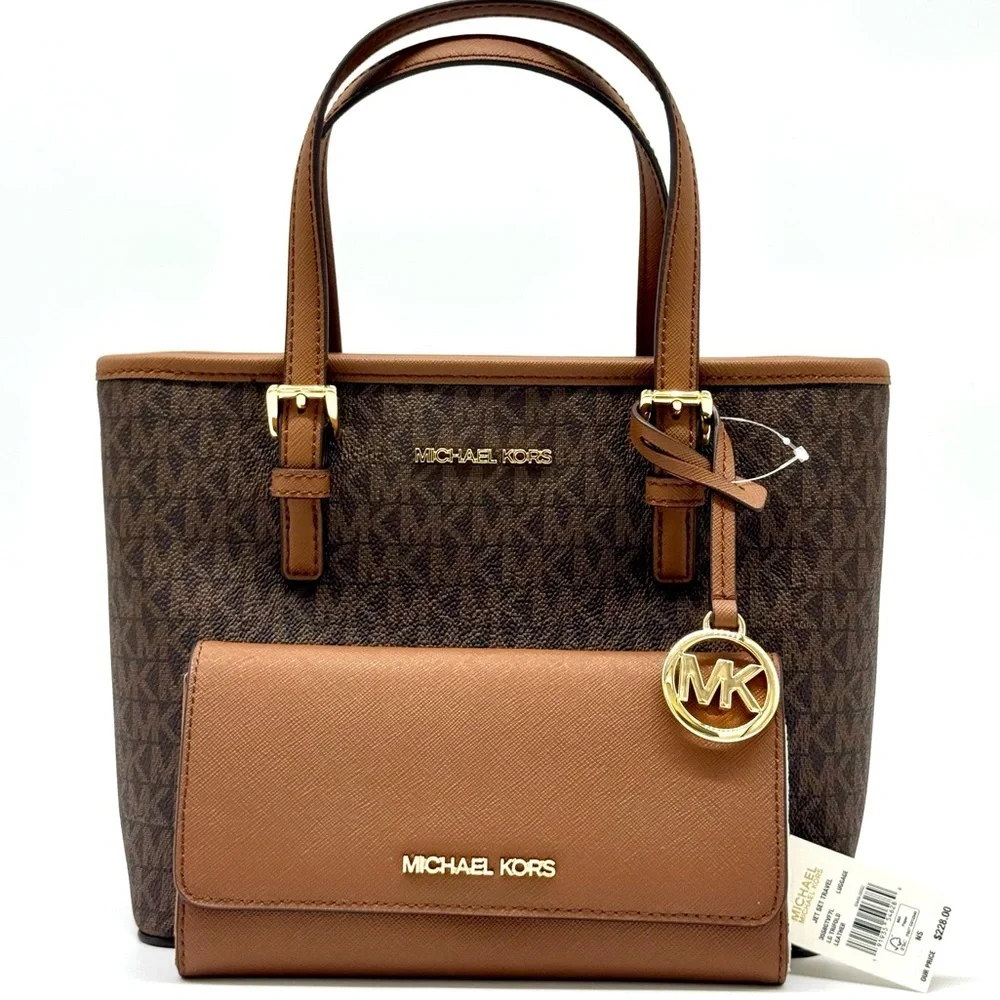 Michael Kors JST XS Logo TZ Tote Bag & Matching Trifold Wallet Signature Brown